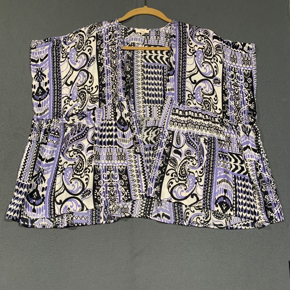 Easel Kimono Cardigan Womens Medium Purple Paisley Mixed Print Peplum Boho Top